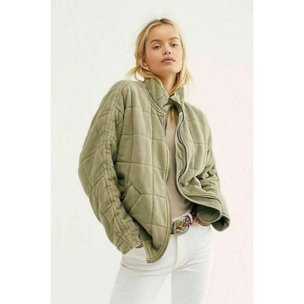 Free People Quilted Dolman Jacket Olive Green